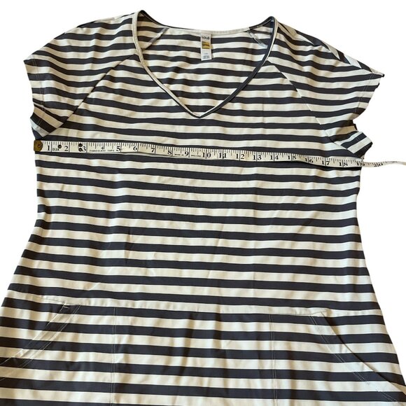 LOLE Dress Size Large Grey White Horizontal Stripes Pockets Casual Cap Sleeves - Picture 8 of 13